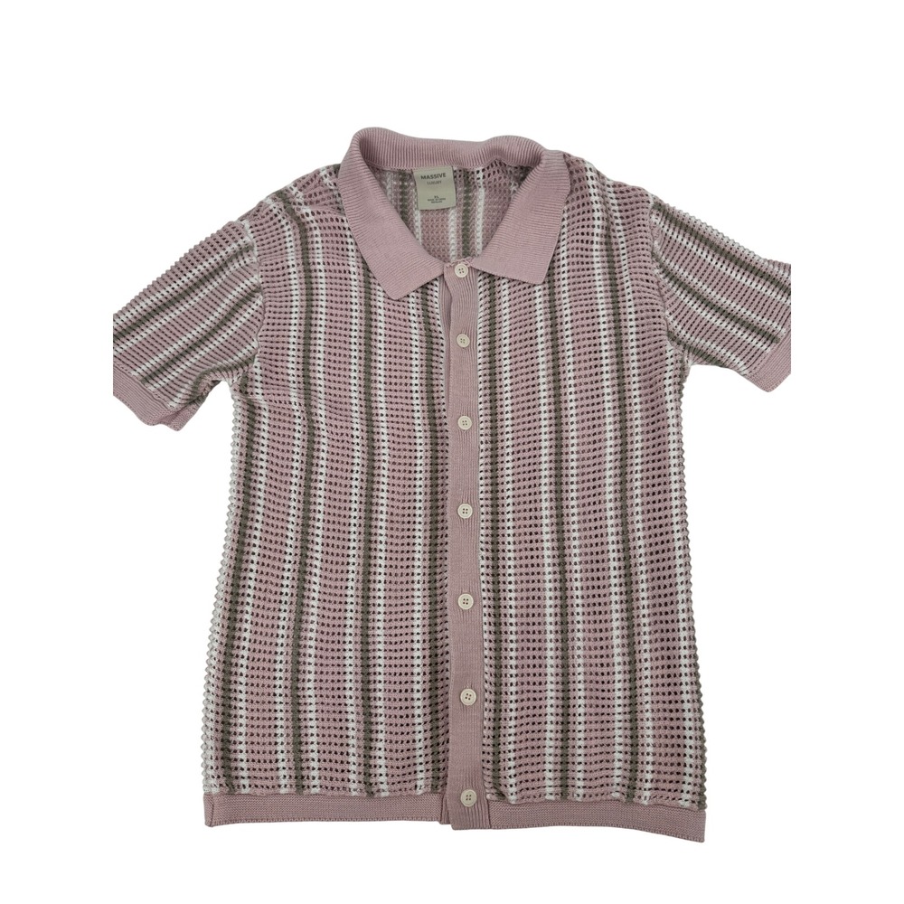 Massive Luxury Crochet Knit Polo Shirt Mens XL Pink Striped Button Down Resort